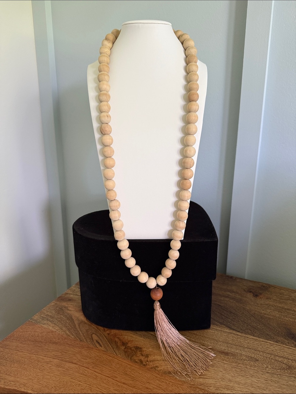 Natural Wood Bead Necklace with Neutral Tassel - Women Jewelry